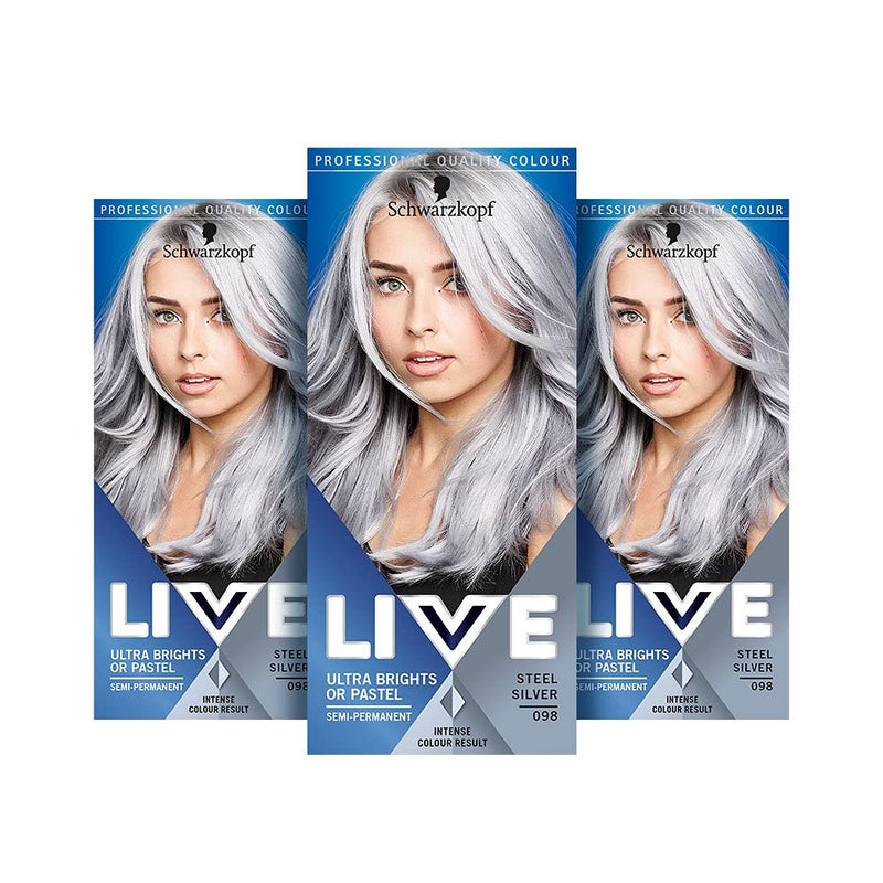 Live Schwarzkopf LIVE Ultra Bright or Pastel Grey Hair Dye, Pack of 3, Semi-Permanent Colour lasts up to 15 washes- 098 Silver Steel - Image 1